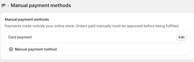 Settings, Payments, Manual payment methods
